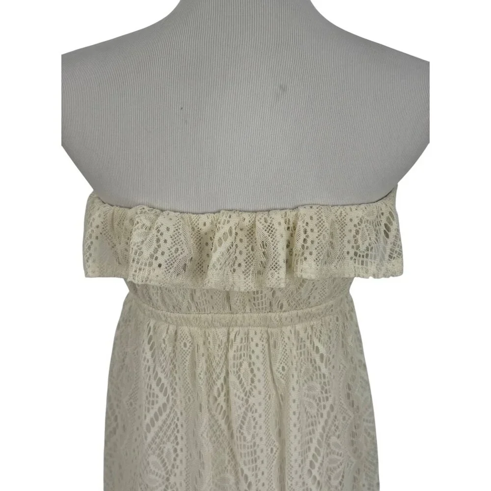 Vtg F21 Cream Lace Ruffle Hem Strapless Maxi Dress | Y2K Coquette Coastal Boho S - Picture 11 of 16